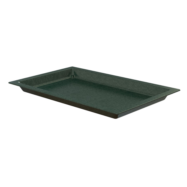 A rectangular, dark green Aurora Collection Food Pan with low, slightly angled sides and a smooth surface is shown on a plain white background. The tray, ideal as a cold holding food pan, is empty and photographed to display its depth and structure.
