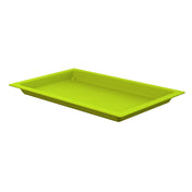 A rectangular, shallow, lime green food pan with slightly angled sides and wide edges is shown on a white background. The tray appears empty and is viewed from a slight angle above, highlighting its depth and flat base.