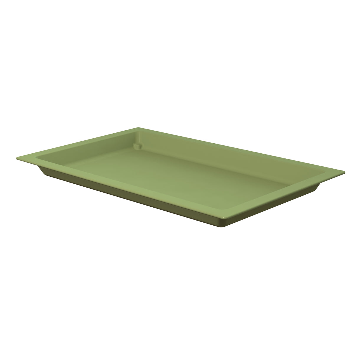 A rectangular, shallow, light green Aurora Collection food pan with slightly sloped sides and a flat base, shown on a white background. The tray appears to be a Duracoat coated cast aluminum cold holding food pan and is empty.