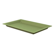 A rectangular, shallow, light green Aurora Collection food pan with slightly sloped sides and a flat base, shown on a white background. The tray appears to be a Duracoat coated cast aluminum cold holding food pan and is empty.