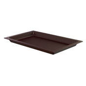 A rectangular, dark brown Aurora Collection Food Pan with slightly raised edges and a flat base, shown at a slight angle on a plain white background. The tray appears to be made of Duracoat coated cast aluminum for lasting durability.