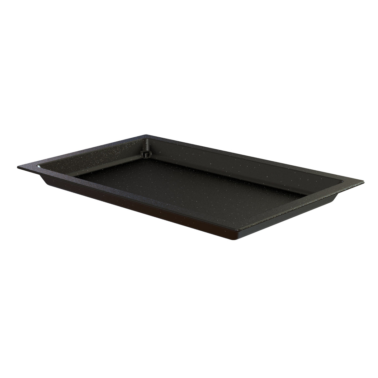 A rectangular black Duracoat coated cast aluminum baking tray with slightly raised edges, shown at an angle on a white background. The tray surface appears nonstick with a subtle dotted texture.