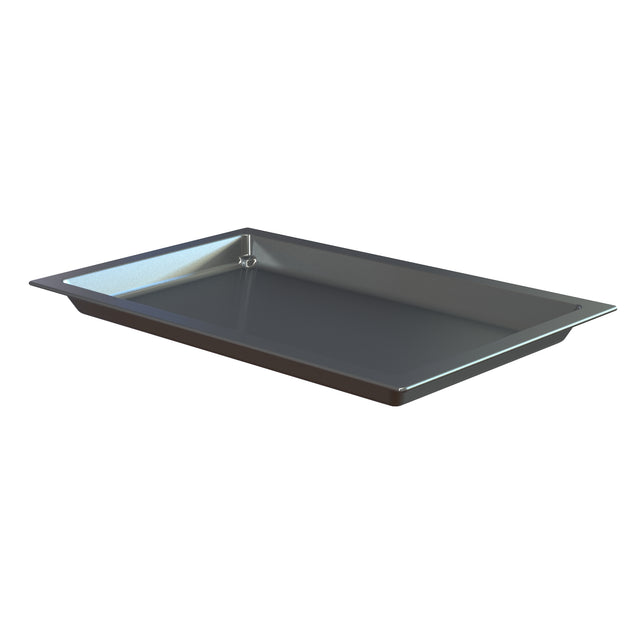 A rectangular, cast aluminum food pan with slightly sloped sides and a smooth, reflective surface. The empty tray is positioned at an angle, showing depth and shadow, against a plain white background.