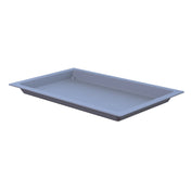 A rectangular, shallow, light gray Aurora Collection Food Pan with slightly raised edges and rounded corners, crafted from Duracoat coated cast aluminum, is viewed at an angle from above against a plain white background.