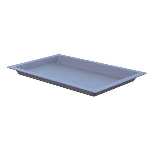 A rectangular, shallow, light gray Aurora Collection Food Pan with slightly raised edges and rounded corners, crafted from Duracoat coated cast aluminum, is viewed at an angle from above against a plain white background.