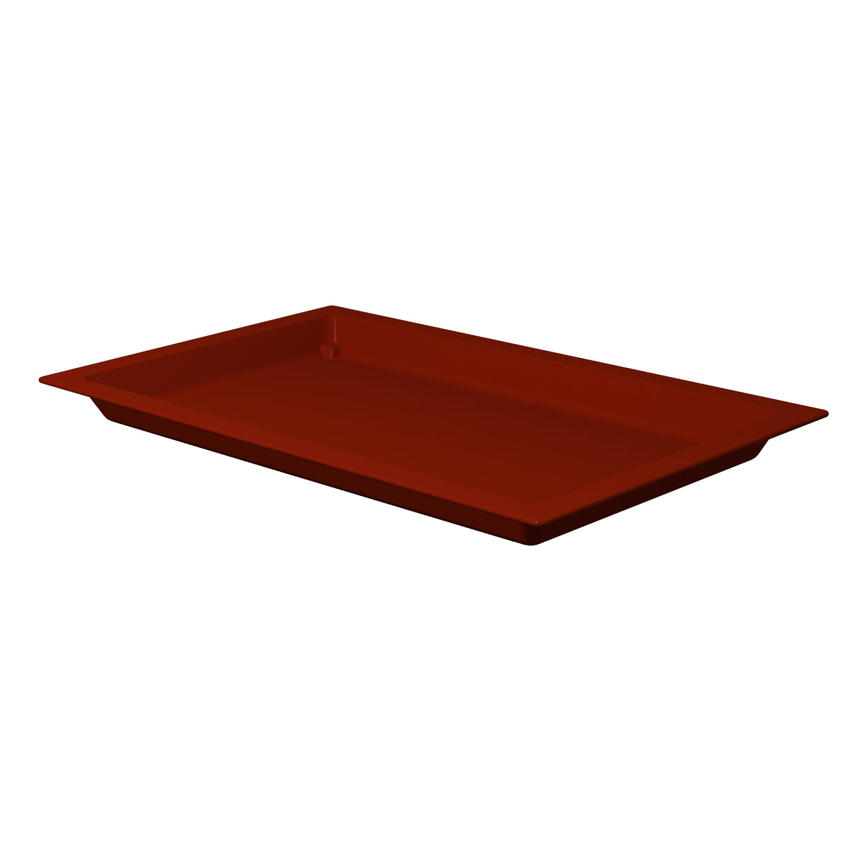 A rectangular, flat, and shallow cast aluminum tray in a solid dark red color is shown on a white background. The tray has slightly angled sides and a smooth surface, ideal for cold holding with no visible patterns or textures.