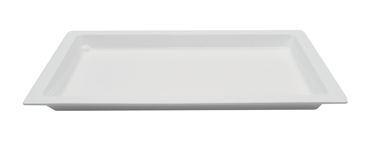 A rectangular, shallow, white Aurora Collection Food Pan with raised edges is shown against a plain background. This cold holding food pan appears empty and is photographed from a slightly elevated front angle.