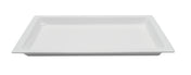 A rectangular, shallow, white Aurora Collection Food Pan with raised edges is shown against a plain background. This cold holding food pan appears empty and is photographed from a slightly elevated front angle.