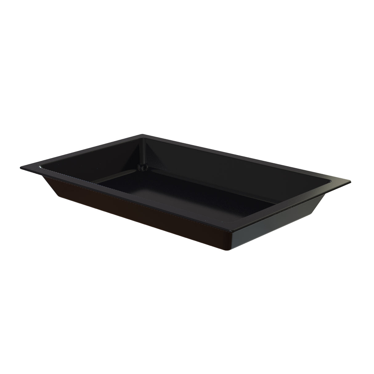 A rectangular black Duracoat coated cast aluminum tray with slightly sloped sides and a flat base, viewed at an angle from above. The glossy Aurora Collection Food Pan features a thin rim extending outward on all sides against a plain white background.