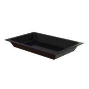 A rectangular black Duracoat coated cast aluminum tray with slightly sloped sides and a flat base, viewed at an angle from above. The glossy Aurora Collection Food Pan features a thin rim extending outward on all sides against a plain white background.