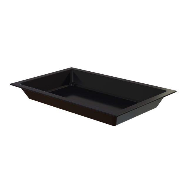 A rectangular black Duracoat coated cast aluminum tray with slightly sloped sides and a flat base, viewed at an angle from above. The glossy Aurora Collection Food Pan features a thin rim extending outward on all sides against a plain white background.