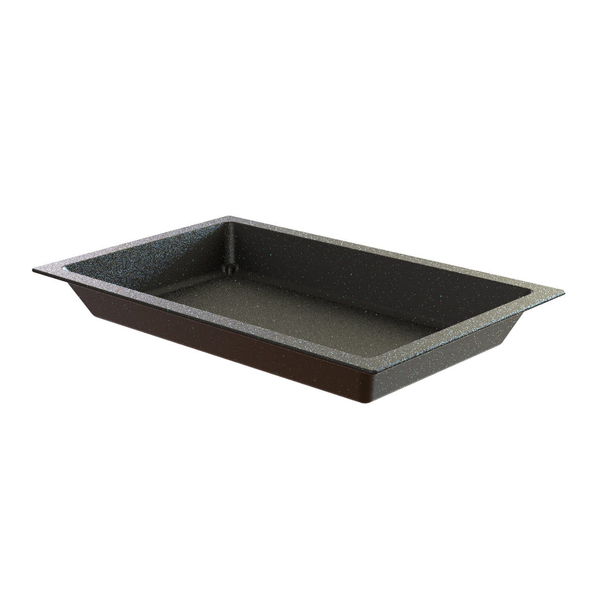 A rectangular, black Aurora Collection Food Pan with slightly angled sides and a flat bottom, shown on a white background. The smooth Duracoat coated cast aluminum surface features a subtle speckled pattern for durability and easy cleaning.
