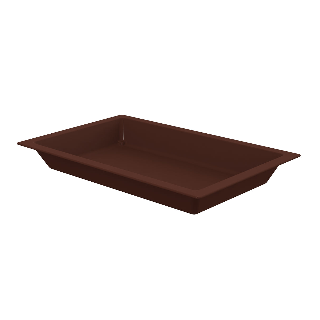 A rectangular, deep brown Aurora Collection Food Pan with slanted sides and a wide rim is shown empty on a white background. This cold holding pan is designed for serving or storing items efficiently.