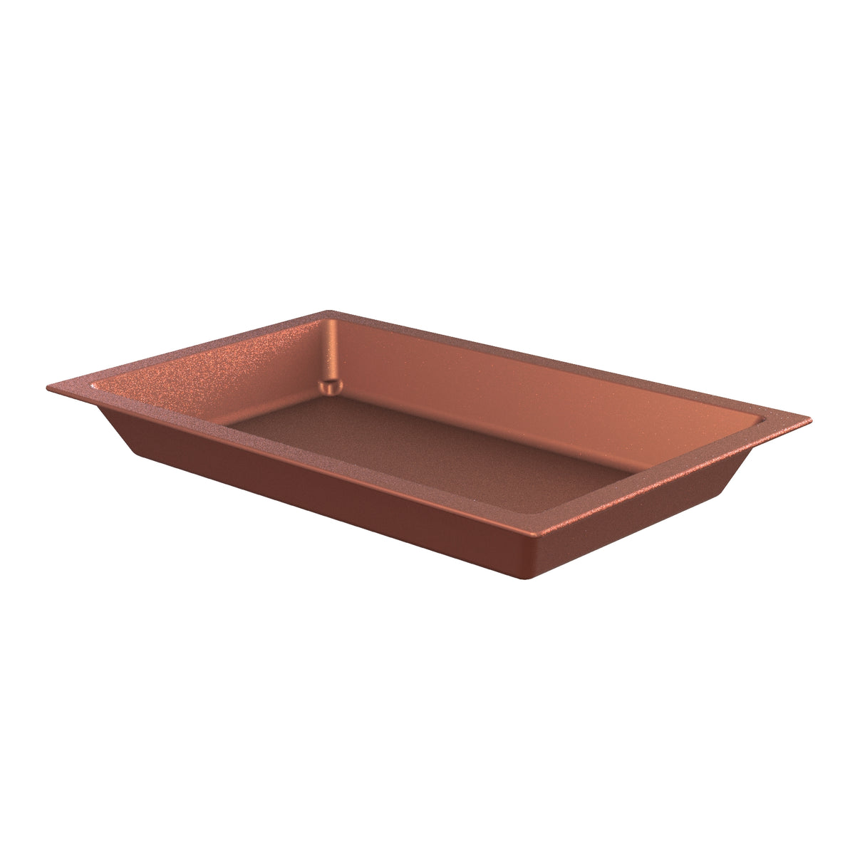 A rectangular Aurora Collection Food Pan with a copper finish features slightly slanted sides and a textured surface. The rim extends outward, forming a lip around the edge, and is shown empty against a white background.