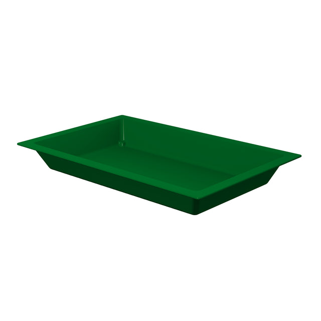 A rectangular, shallow green plastic tray from the Aurora Collection Food Pan line features slightly angled sides and a wide rim, shown empty on a plain white background. The tray boasts a smooth surface, ideal for cold holding food pan applications.