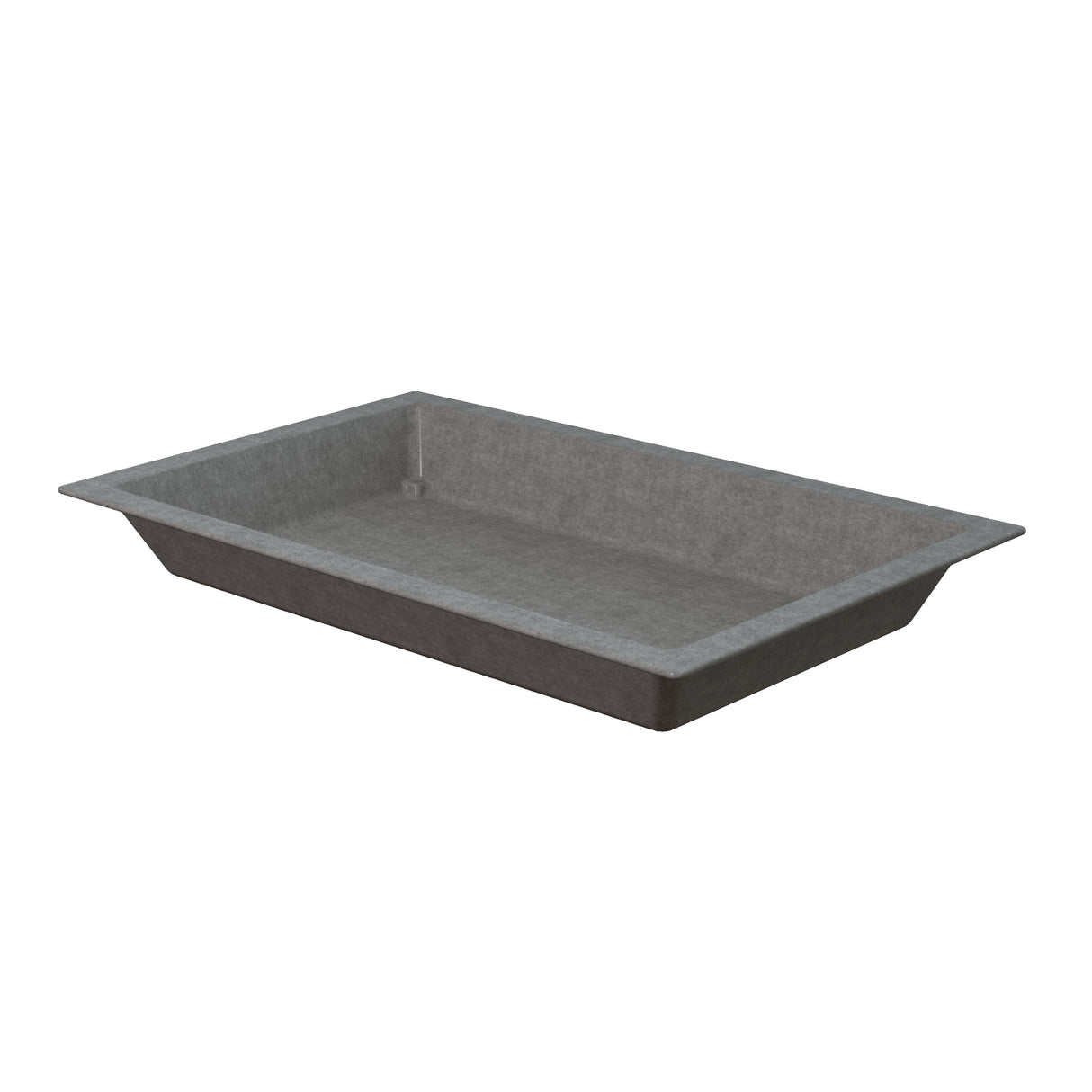 A rectangular, shallow, gray Aurora Collection Food Pan with sloped sides and a flat base, shown against a white background. Made of Duracoat coated cast aluminum, this cold holding food pan features a minimalist, industrial design.