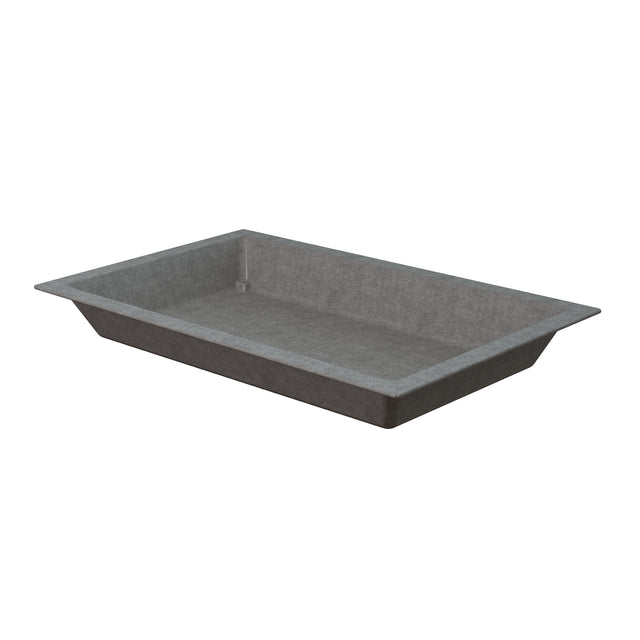 A rectangular, shallow, gray Aurora Collection Food Pan with sloped sides and a flat base, shown against a white background. Made of Duracoat coated cast aluminum, this cold holding food pan features a minimalist, industrial design.