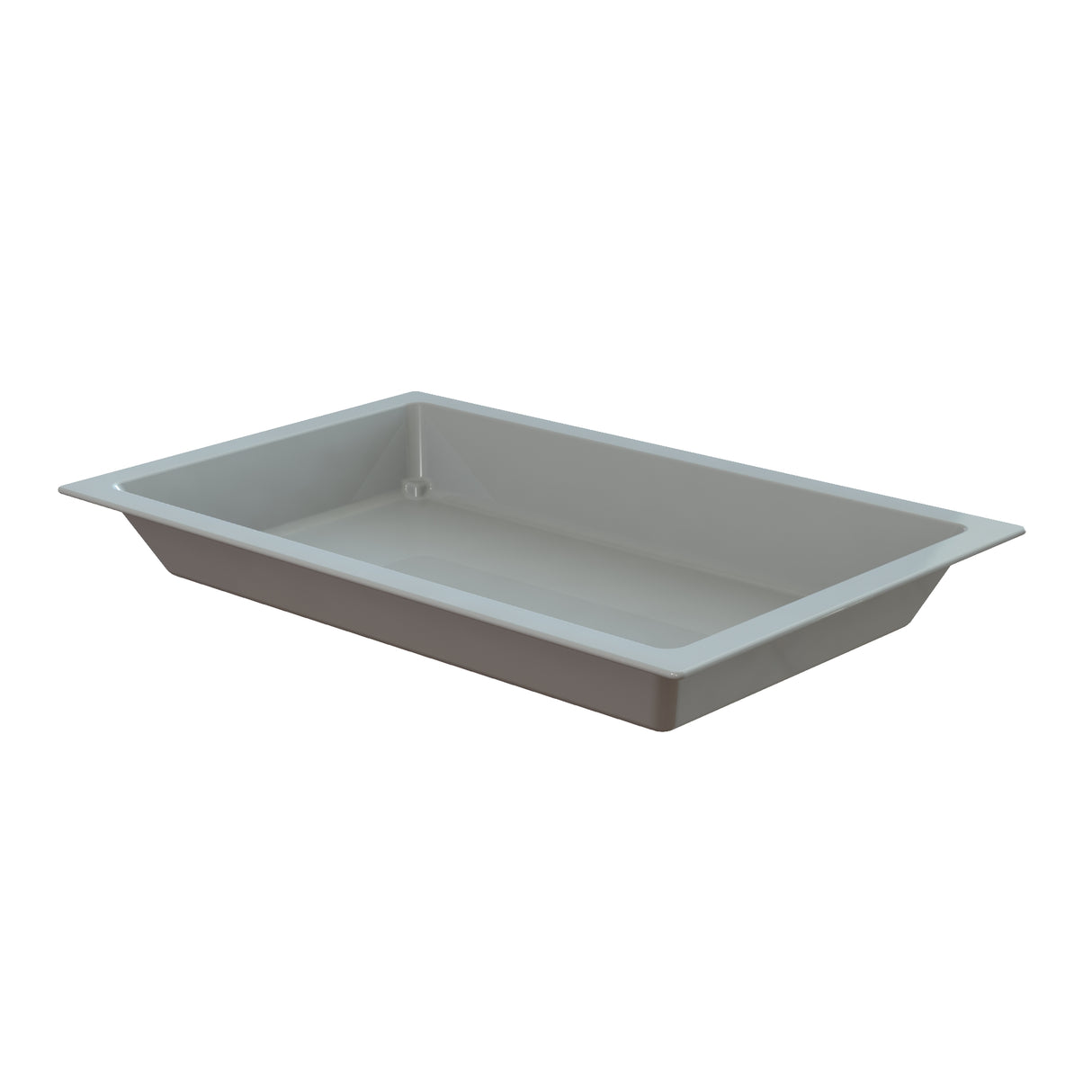 A rectangular, gray cold holding food pan with a wide rim and slightly sloped sides is shown isolated on a white background. The interior is smooth and untextured, ideal for holding or serving food in commercial or catering settings.