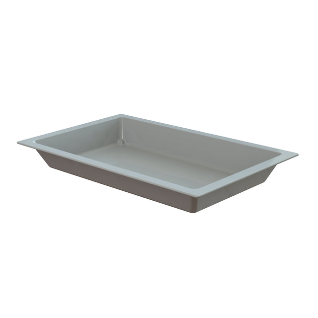 A rectangular, gray cold holding food pan with a wide rim and slightly sloped sides is shown isolated on a white background. The interior is smooth and untextured, ideal for holding or serving food in commercial or catering settings.