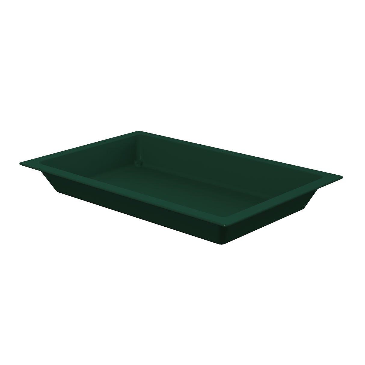 A dark green, rectangular Aurora Collection Food Pan with angled sides and a flat bottom is shown empty on a plain white background. The cold holding food pan is viewed from a slightly elevated angle, clearly displaying its depth and open interior.