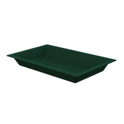 A dark green, rectangular Aurora Collection Food Pan with angled sides and a flat bottom is shown empty on a plain white background. The cold holding food pan is viewed from a slightly elevated angle, clearly displaying its depth and open interior.