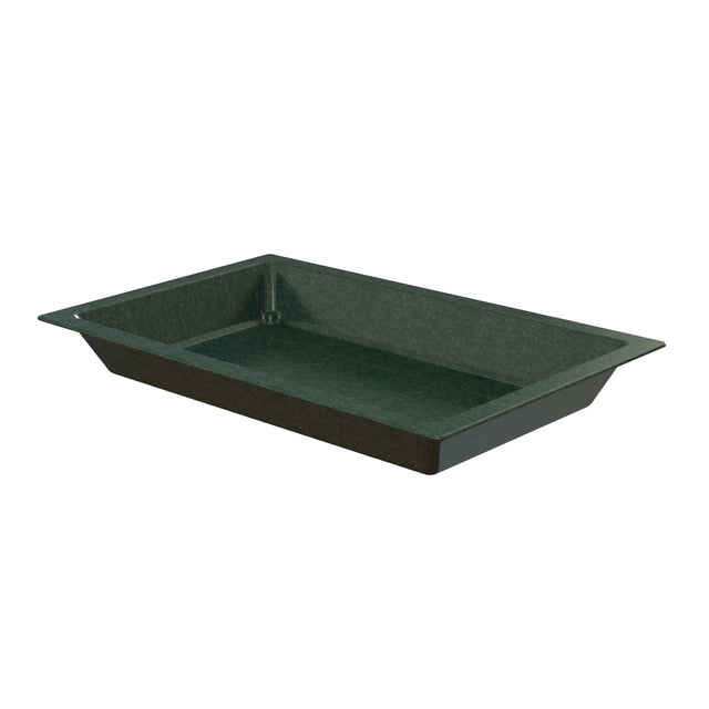 A rectangular green tray from the Aurora Collection Food Pan line, with raised edges and a flat base, viewed at an angle. The tray is empty and has a smooth, matte finish, slightly flared sides, and rounded corners.