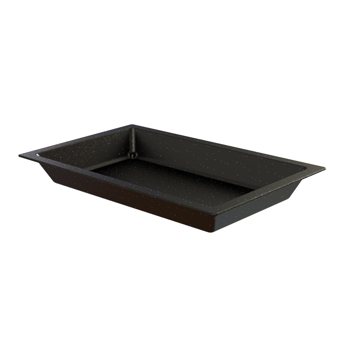 A rectangular black speckled Aurora Collection Food Pan with slanted sides and a wide rim, shown empty and angled on a white background. The Duracoat coated cast aluminum surface has a slightly shiny finish with subtle white specks throughout.