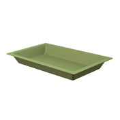 Rectangular, shallow Aurora Collection Food Pan made of green plastic with slightly angled sides and a wide, flat rim, ideal as a cold holding food pan, shown against a plain white background.