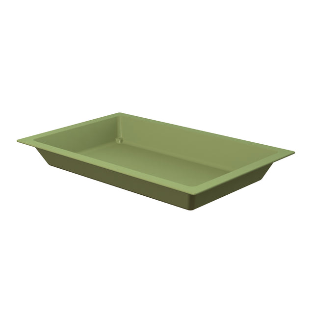Rectangular, shallow Aurora Collection Food Pan made of green plastic with slightly angled sides and a wide, flat rim, ideal as a cold holding food pan, shown against a plain white background.