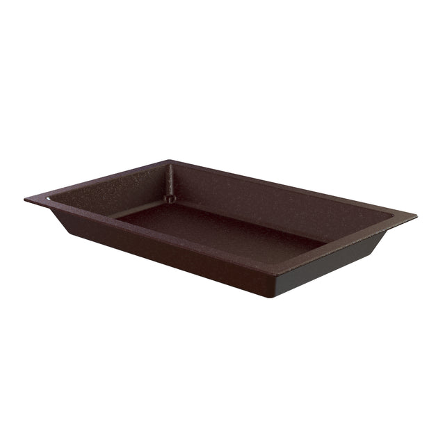 A dark brown, rectangular Duracoat coated cast aluminum baking pan with slightly sloped sides and a flat base, photographed on a white background. Part of the Aurora Collection Food Pan series, it features a smooth, matte finish and unadorned design.