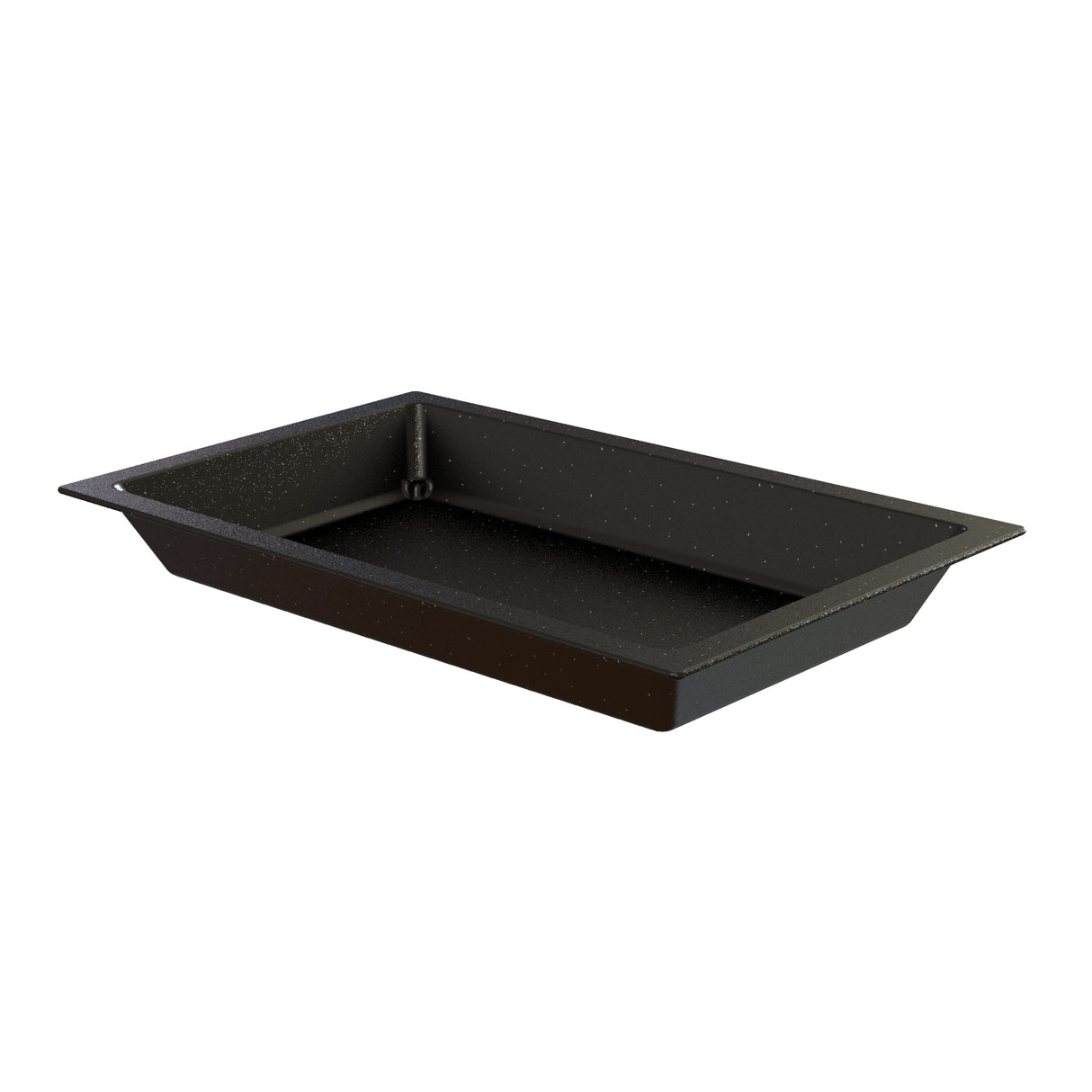 A rectangular, black Aurora Collection Food Pan with sloped sides and a wide rim, shown at an angle on a white background. The surface features a slightly textured Duracoat coated cast aluminum finish for durability and style.