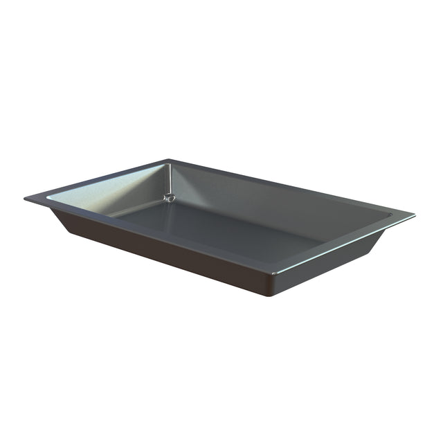 A rectangular, deep, silver metal baking pan from the Aurora Collection Food Pan line is shown on a white background. The cast aluminum food pan features smooth sides, slightly angled edges, a small rim around the top edge, and is empty.