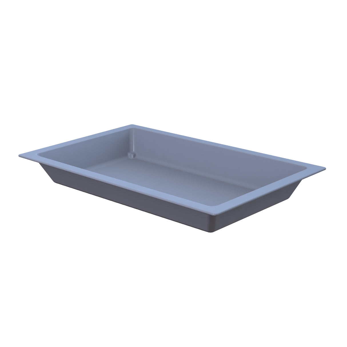 A rectangular, shallow, gray Aurora Collection Food Pan with slightly sloped sides and a flat rim, crafted from Duracoat coated cast aluminum, is shown empty on a white background and angled to reveal its depth—ideal as a cold holding food pan.