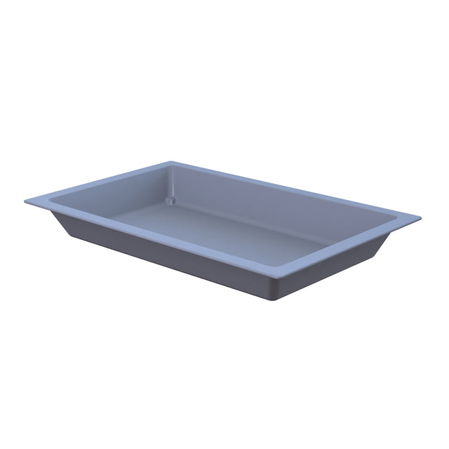 A rectangular, shallow, gray Aurora Collection Food Pan with slightly sloped sides and a flat rim, crafted from Duracoat coated cast aluminum, is shown empty on a white background and angled to reveal its depth—ideal as a cold holding food pan.