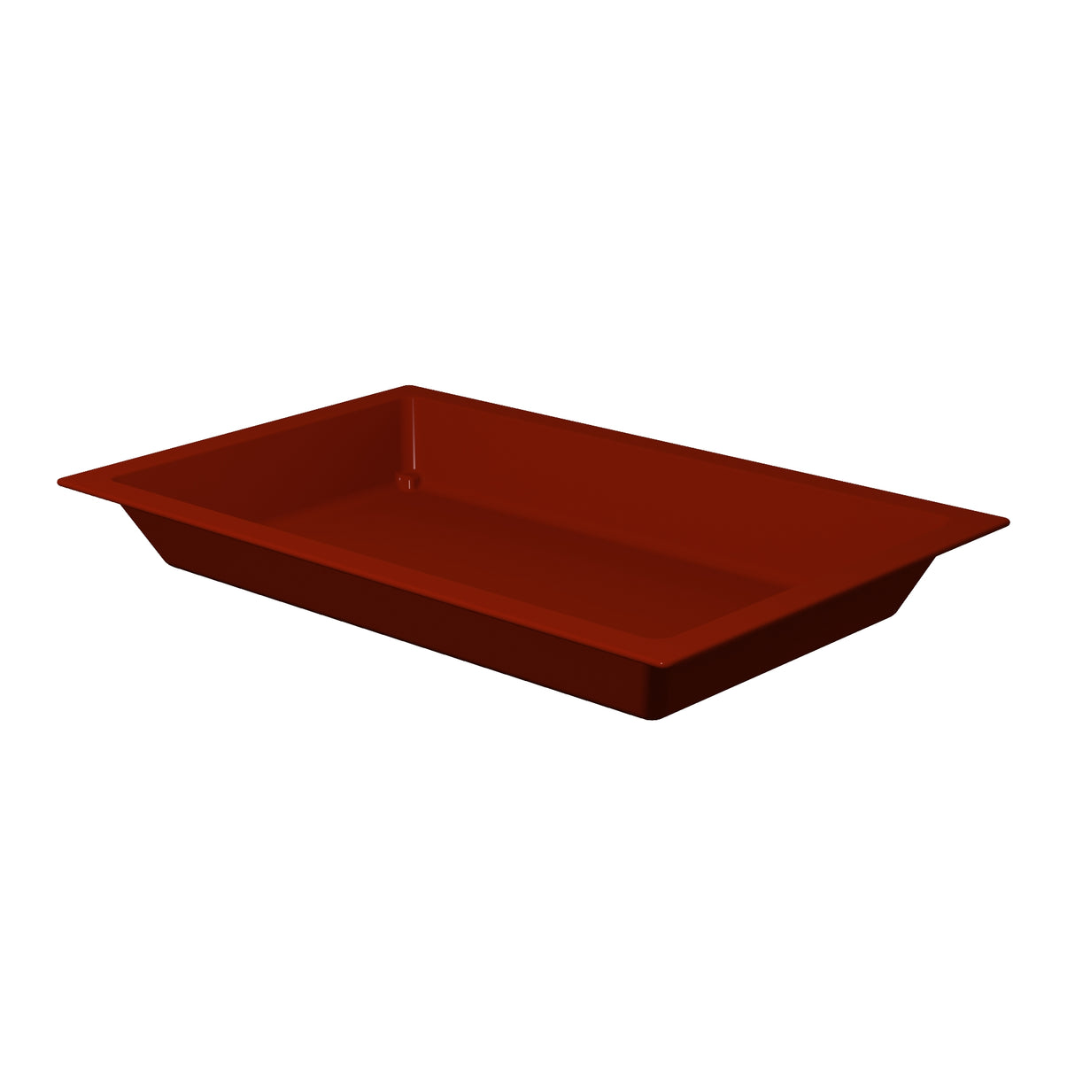 A rectangular, shallow, dark red tray from the Aurora Collection Food Pan line with slightly sloped sides and a wide rim. Made of Duracoat cast aluminum, it features a smooth surface for a modern, minimalist look. Displayed on a plain white background.