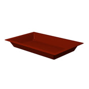 A rectangular, shallow, dark red tray from the Aurora Collection Food Pan line with slightly sloped sides and a wide rim. Made of Duracoat cast aluminum, it features a smooth surface for a modern, minimalist look. Displayed on a plain white background.