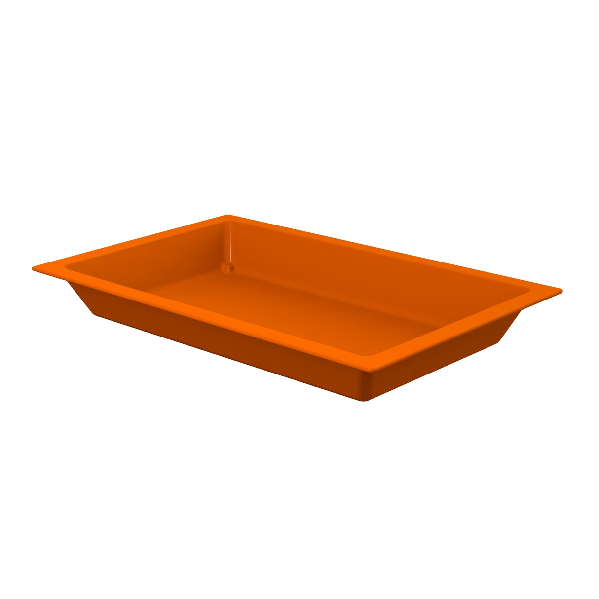 A rectangular, orange food pan with slightly sloped sides and a flat base, shown on a white background. The tray appears empty and has a simple, smooth design. Ideal for use in cold holding applications.