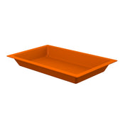 A rectangular, orange food pan with slightly sloped sides and a flat base, shown on a white background. The tray appears empty and has a simple, smooth design. Ideal for use in cold holding applications.