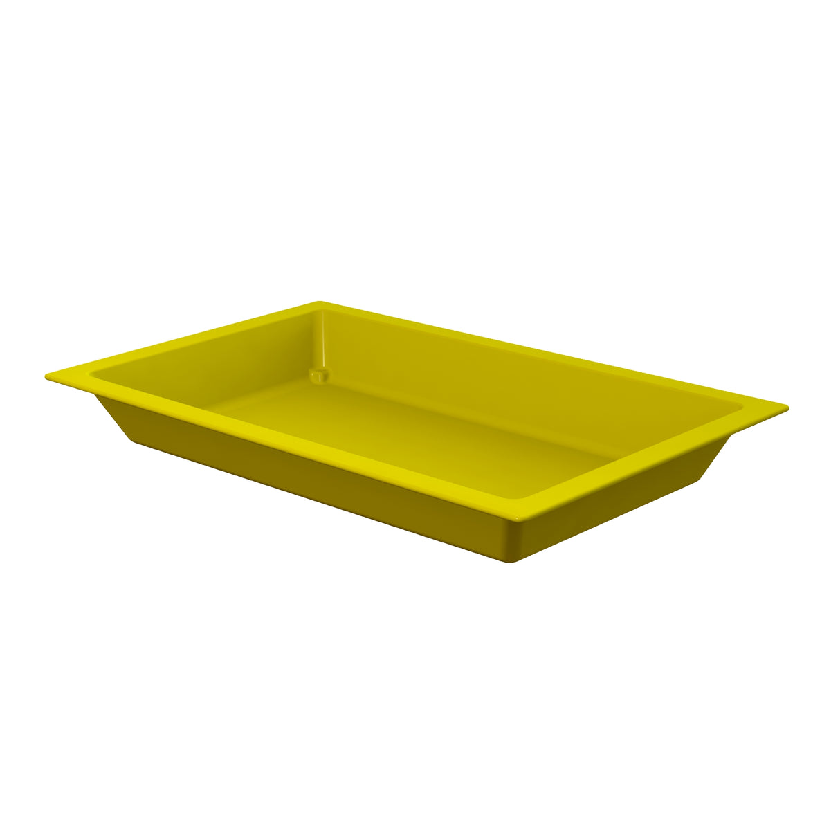 A bright yellow, rectangular Aurora Collection Food Pan with slightly slanted sides and a raised rim, displayed against a plain white background. Made from Duracoat coated cast aluminum, this NSF-certified tray appears clean and smooth.