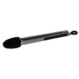 A pair of Serving Tongs with a silicone head and stainless steel handle, featuring black grips, lies diagonally on a white background. The tongs include a locking mechanism and a loop at the end for easy hanging.