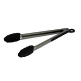 A pair of serving tongs with a stainless steel handle and black silicone head. The tongs are open, angled to the right, and feature a loop at the end for hanging. The background is plain white.