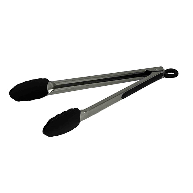 A pair of serving tongs with a stainless steel handle and black silicone head. The tongs are open, angled to the right, and feature a loop at the end for hanging. The background is plain white.