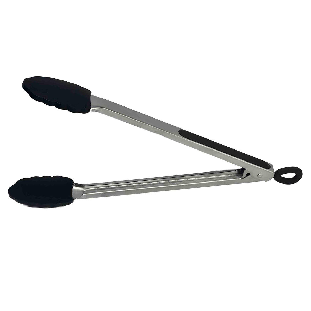 A pair of Serving Tongs with a stainless steel handle and black silicone head, featuring a black silicone loop at the handle end for hanging. The tongs are partially open and photographed on a plain white background.