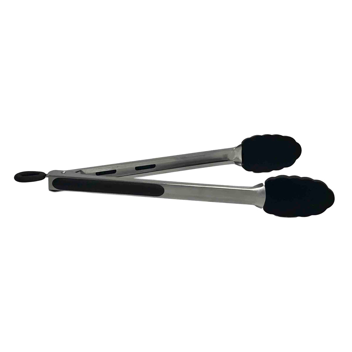 A pair of Serving Tongs with black silicone head tips and grip handles, shown closed on a white background. These tongs feature a stainless steel handle and a locking mechanism at the end opposite the gripping tips.