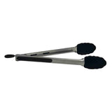 A pair of Serving Tongs with black silicone head tips and grip handles, shown closed on a white background. These tongs feature a stainless steel handle and a locking mechanism at the end opposite the gripping tips.