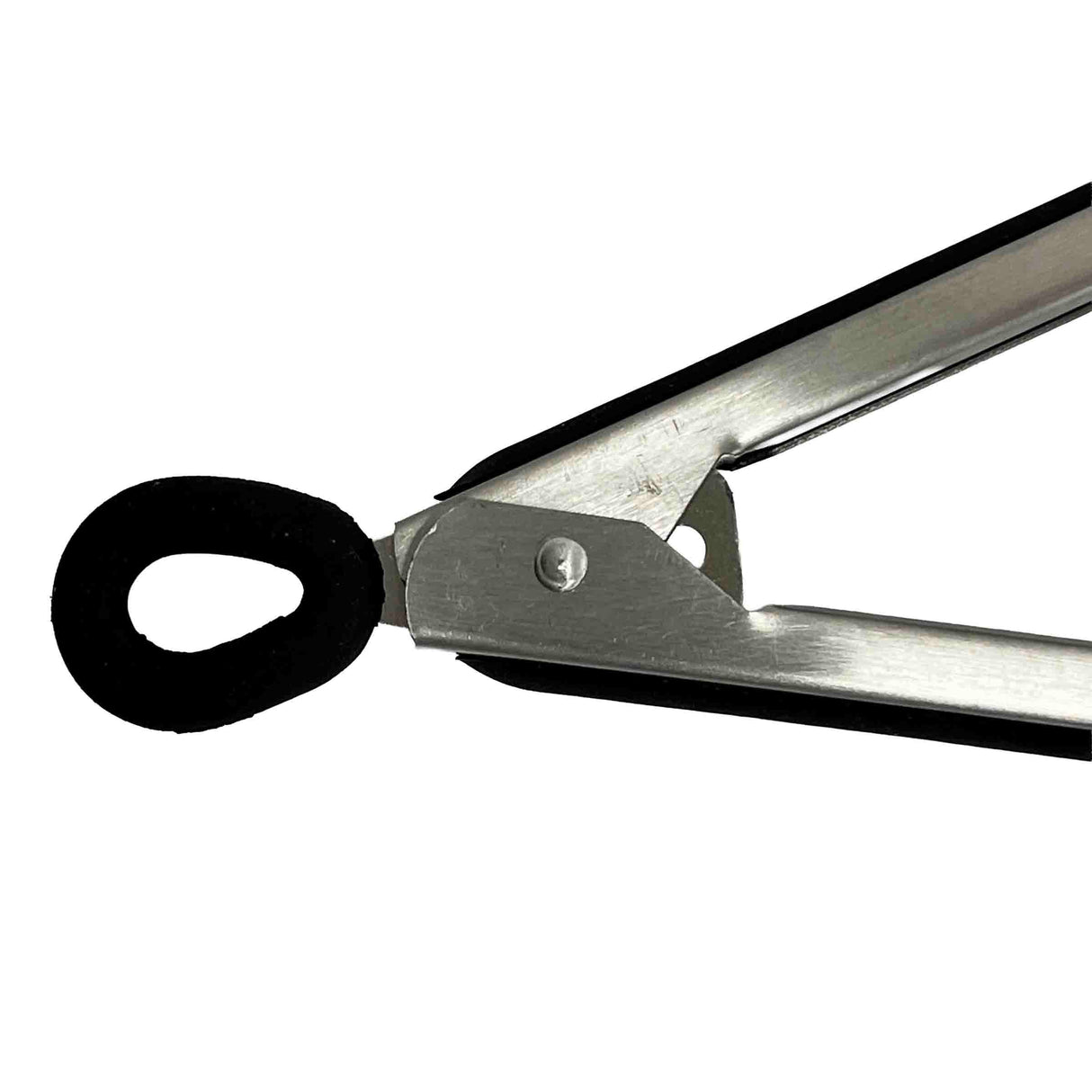 Close-up of Serving Tongs with a stainless steel handle and black silicone head, shown partially open. The handle and hinge area are visible, featuring a loop at the end for hanging or locking. Plain white background.