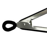 Close-up of Serving Tongs with a stainless steel handle and black silicone head, shown partially open. The handle and hinge area are visible, featuring a loop at the end for hanging or locking. Plain white background.