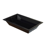 A rectangular black Aurora Collection Food Pan with a raised divider in the center creates two equal compartments. Crafted from Duracoat coated cast aluminum, the tray has angled sides, a flat rim, and a smooth, glossy surface—ideal as a cold holding food pan.