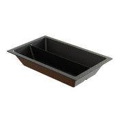 A rectangular, black speckled cast aluminum baking loaf pan with straight sides and a central divider for two separate compartments. The pan features a wide rim and a smooth, nonstick interior surface for effortless food release.