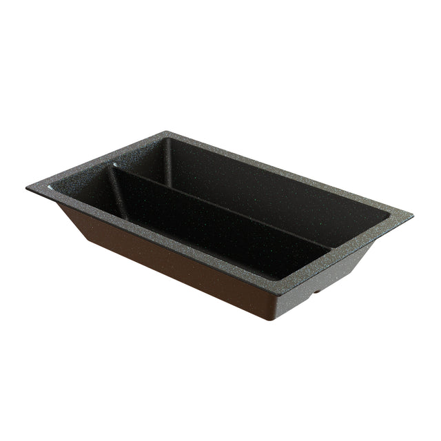 A rectangular, black speckled cast aluminum baking loaf pan with straight sides and a central divider for two separate compartments. The pan features a wide rim and a smooth, nonstick interior surface for effortless food release.